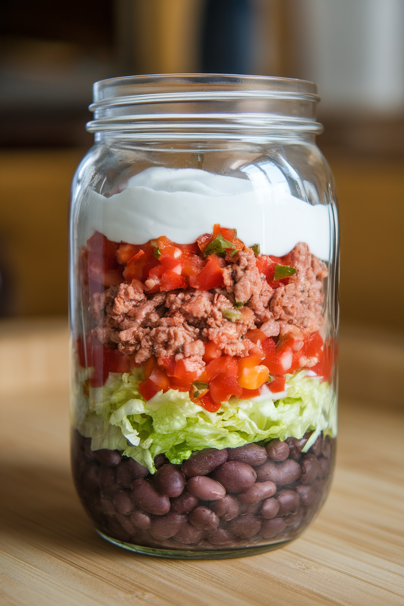 Clear jar indoors layered with black beans, shredded lettuce, pico de gallo, ground turkey taco meat, and a spoonful of Greek yogurt. No text or logos.
