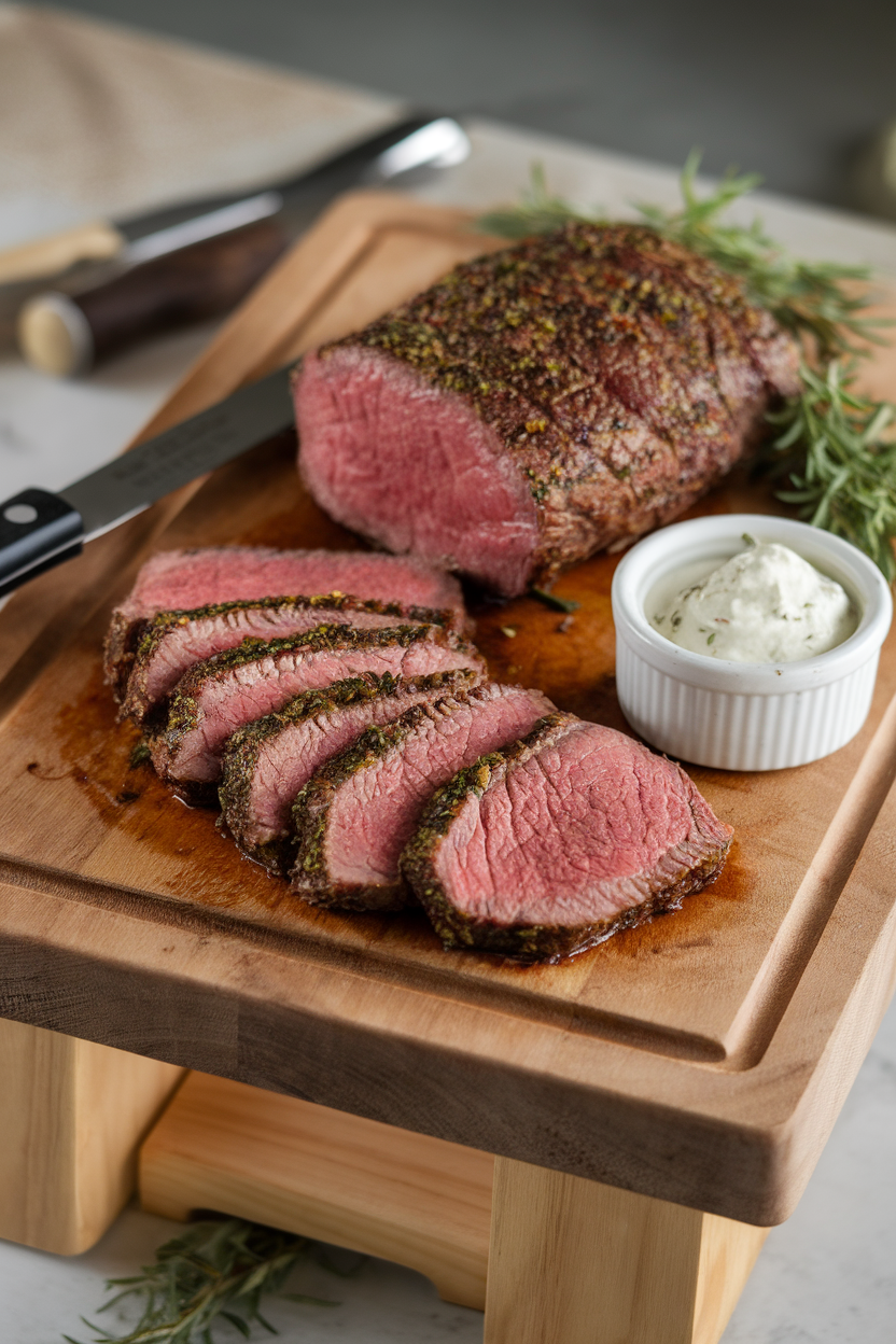 Indoor carving board with medium-rare beef tenderloin slices, crust flecked with herbs, a small ramekin of horseradish cream nearby. No text or logos.