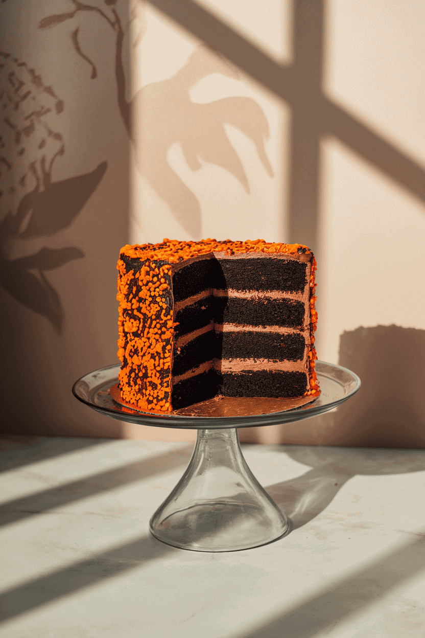 Indoor cake stand showcasing a tall slice of black cocoa layer cake with dark chocolate frosting, bright orange sprinkles scattered around. Photograph; no text or logos.