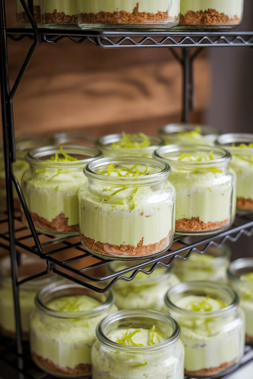 Photo of an indoor baker’s rack lined with small glass jars showing layered graham-cracker crumbs and pale green key lime cheesecake filling, garnished with lime zest. No text or logos in view.