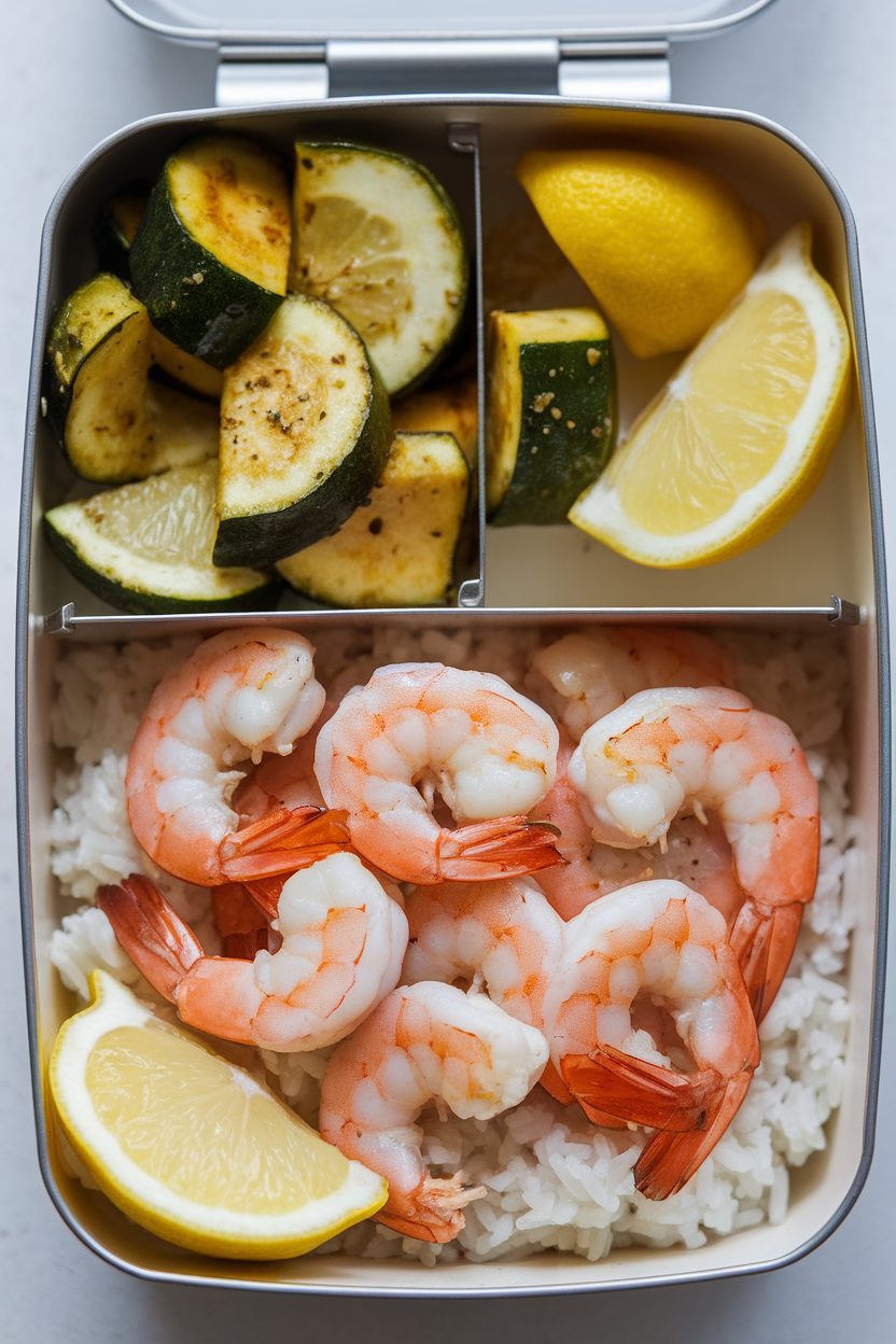 Indoor photo of shrimp, lemon wedges, and sautéed zucchini over rice in a compartmental container. No logos.