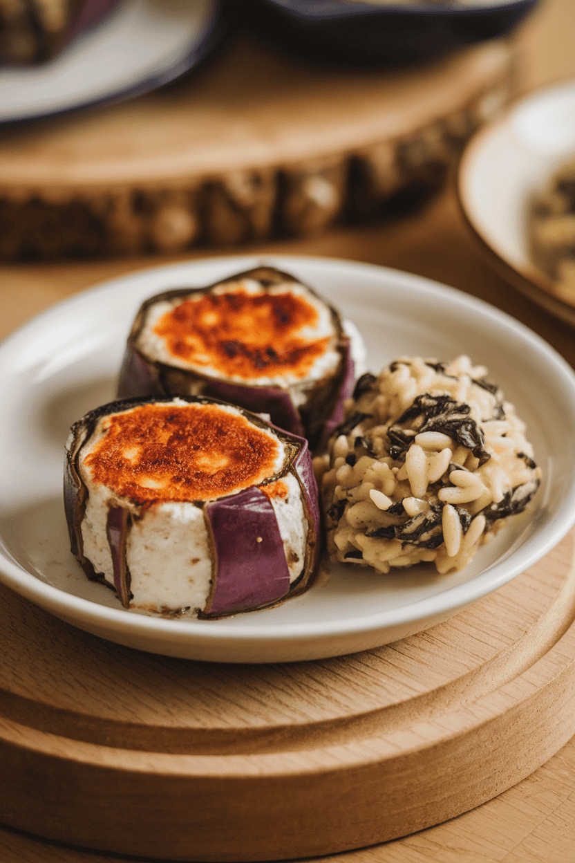 Indoor tabletop photo of two small eggplant rollatini pieces with ricotta filling, next to a scoop of spinach-studded orzo; no text or logos.
