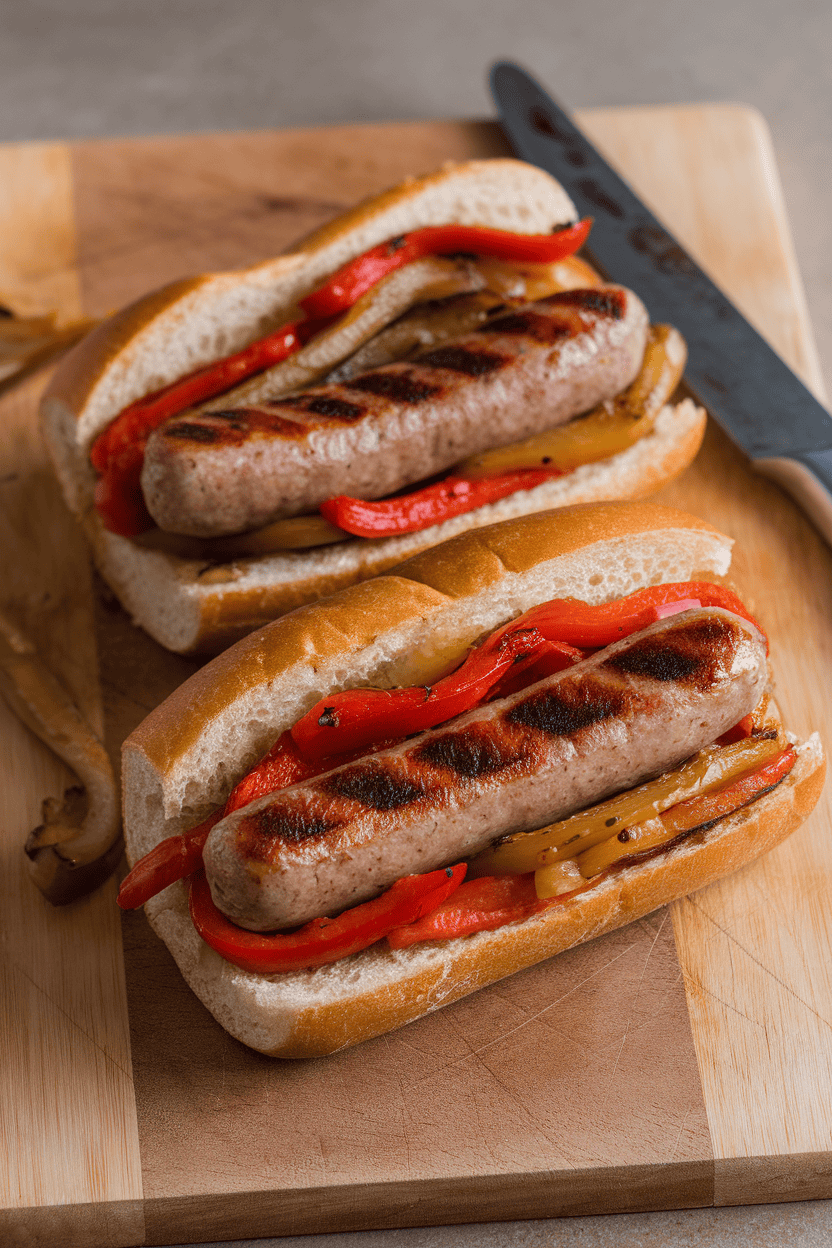 Photo of toasted hoagie rolls filled with grilled sausages, sautéed peppers, and onions on an indoor cutting board. No text or branding present.