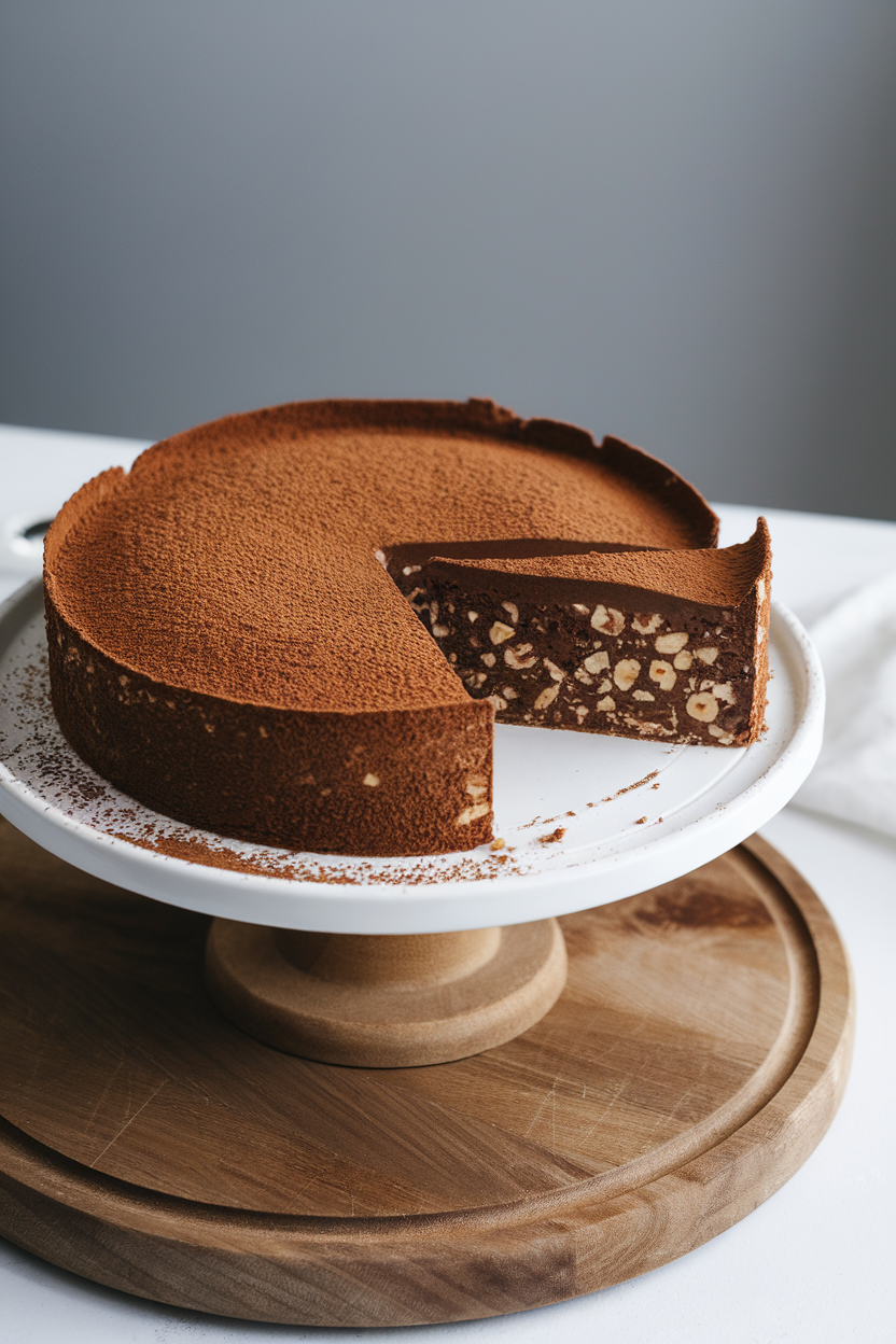An indoor cake stand holding a thin, decadent chocolate torte dusted with cocoa powder, slice removed to show dense interior flecked with ground hazelnuts. No text or logos.