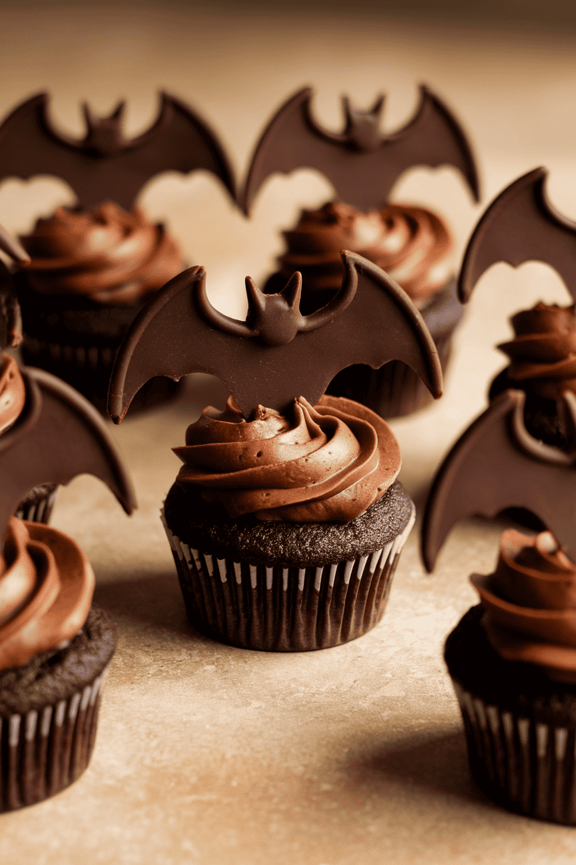 Indoor tabletop photo of chocolate-hazelnut cupcakes with dark ganache and two chocolate bat silhouettes perched on top; no text or logos