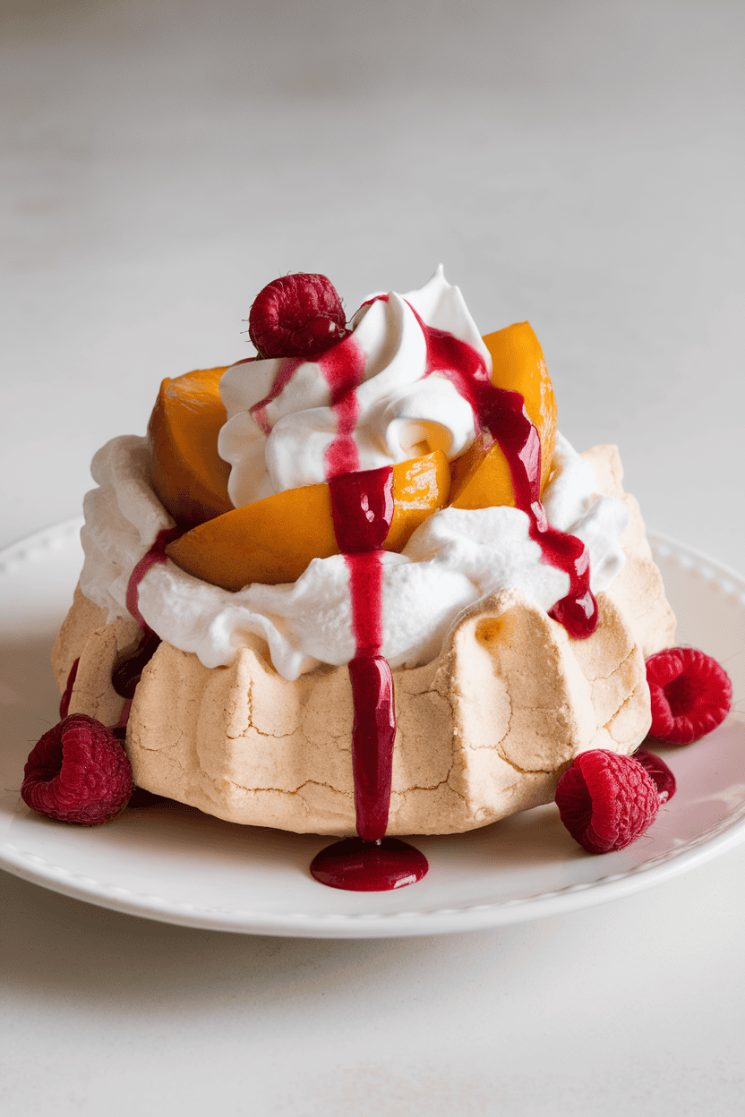 Indoor photo of crisp meringue shell piled with whipped cream, poached peaches, and raspberry sauce, no text or logos