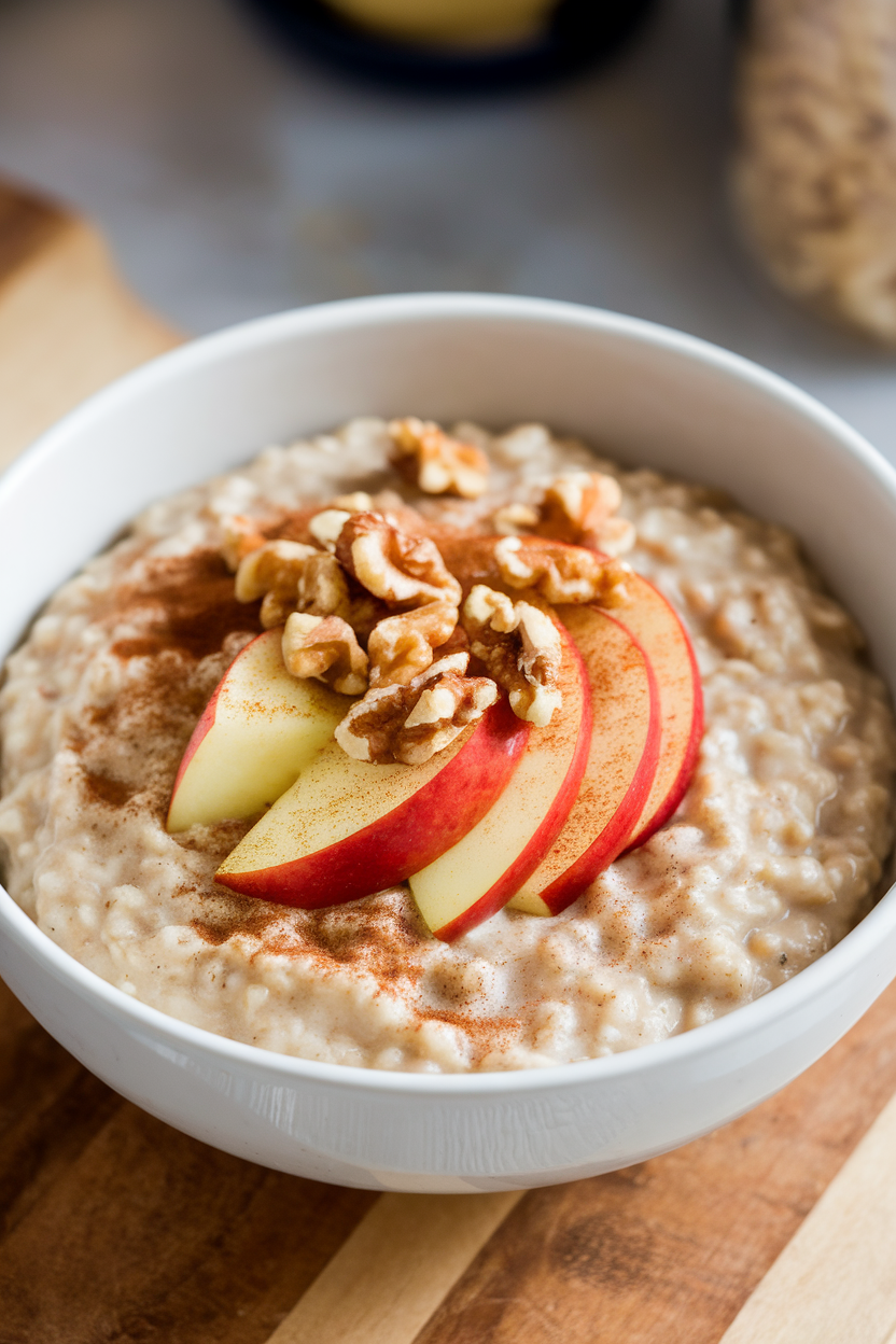 Indoor photo of a bowl of steel-cut oats topped with diced apples, cinnamon, and chopped walnuts; no text or logos visible.