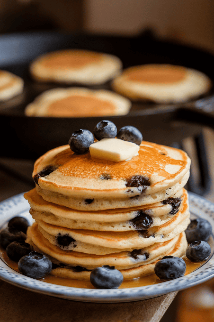 Indoor photo of stacked blueberry pancakes with melted butter on top, cast-iron griddle in background; no text or logos.