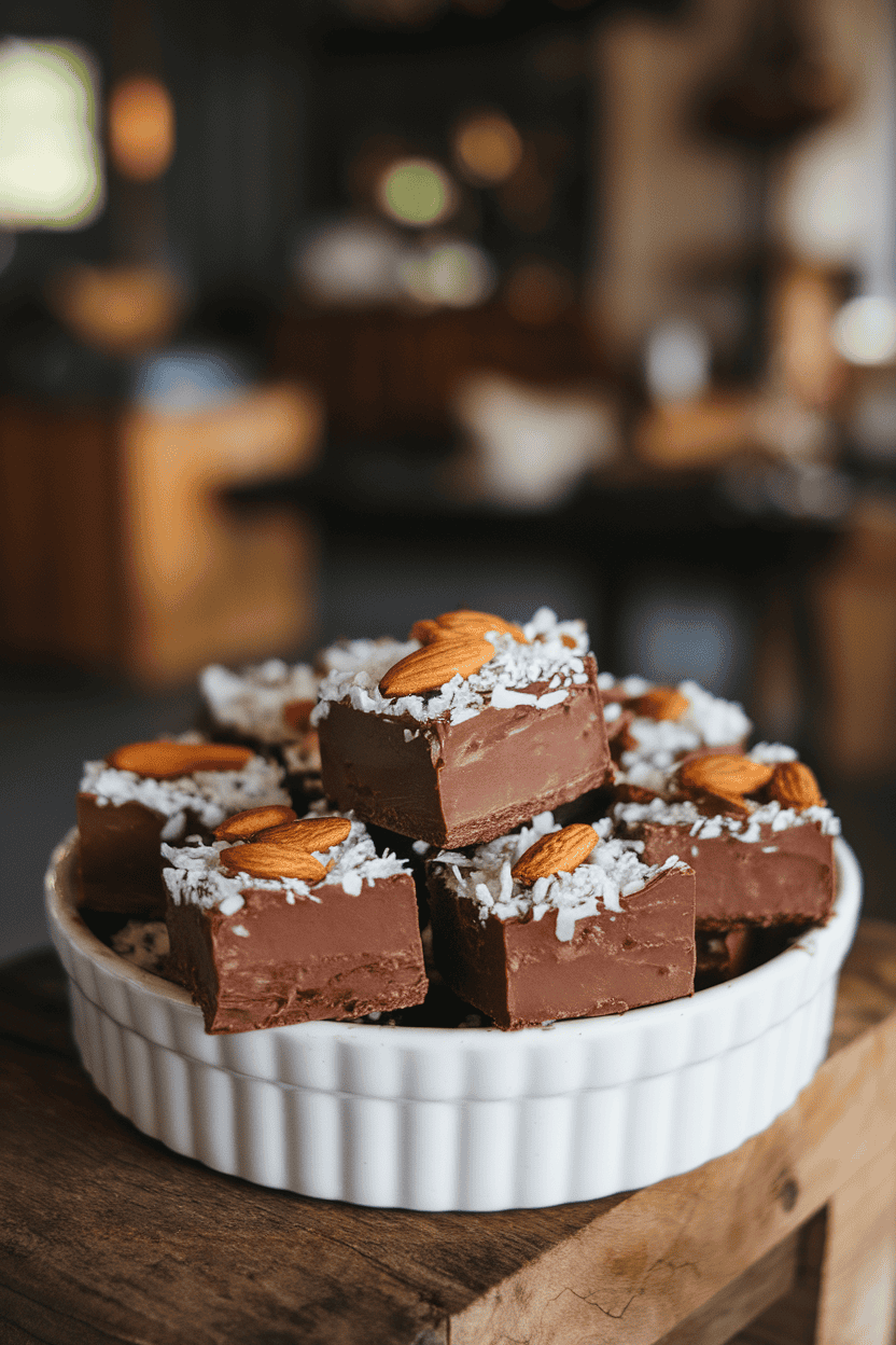 Indoor photo of chocolate fudge squares topped with shredded coconut and toasted almonds, no text or logos