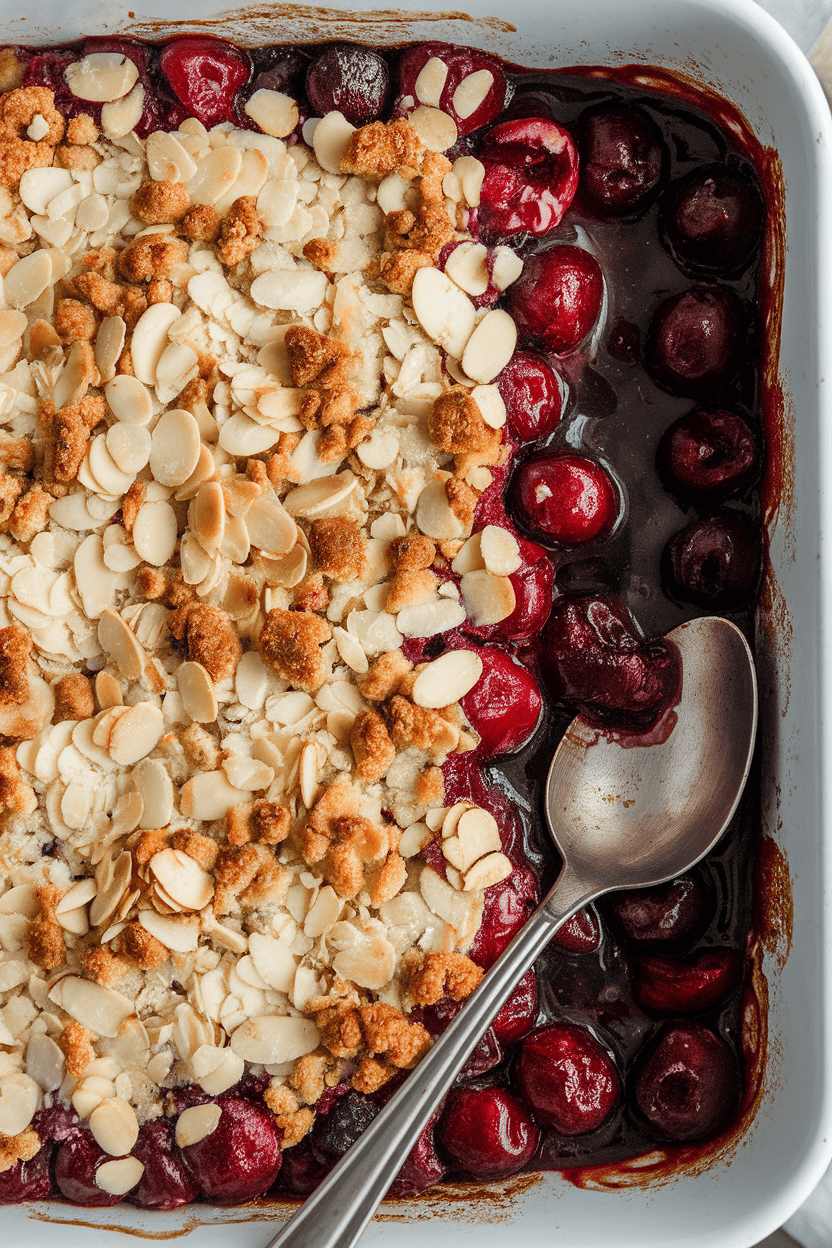 Indoor photo of a baking dish filled with bubbling cherry filling under a browned almond streusel, spoon resting in one corner, no text or logos