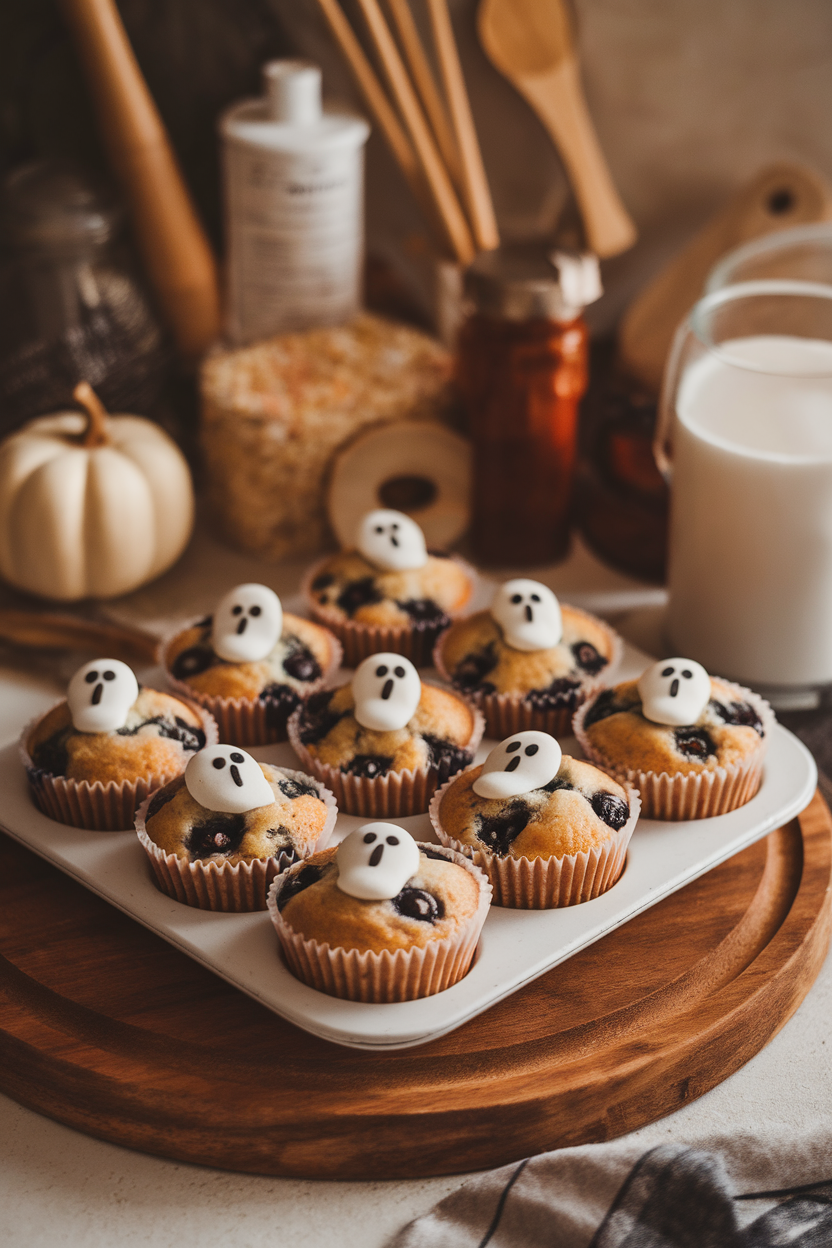 Photo of blueberry muffins with small ghost face icing details on tops, indoor bakery setting, no text or logos.