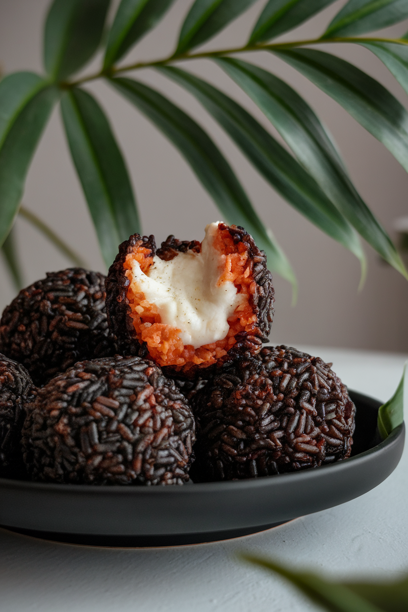 A matte black indoor plate holding crispy rice balls dyed jet black with squid ink, one split open to show gooey mozzarella inside. No text or logos. Photo, not illustration.