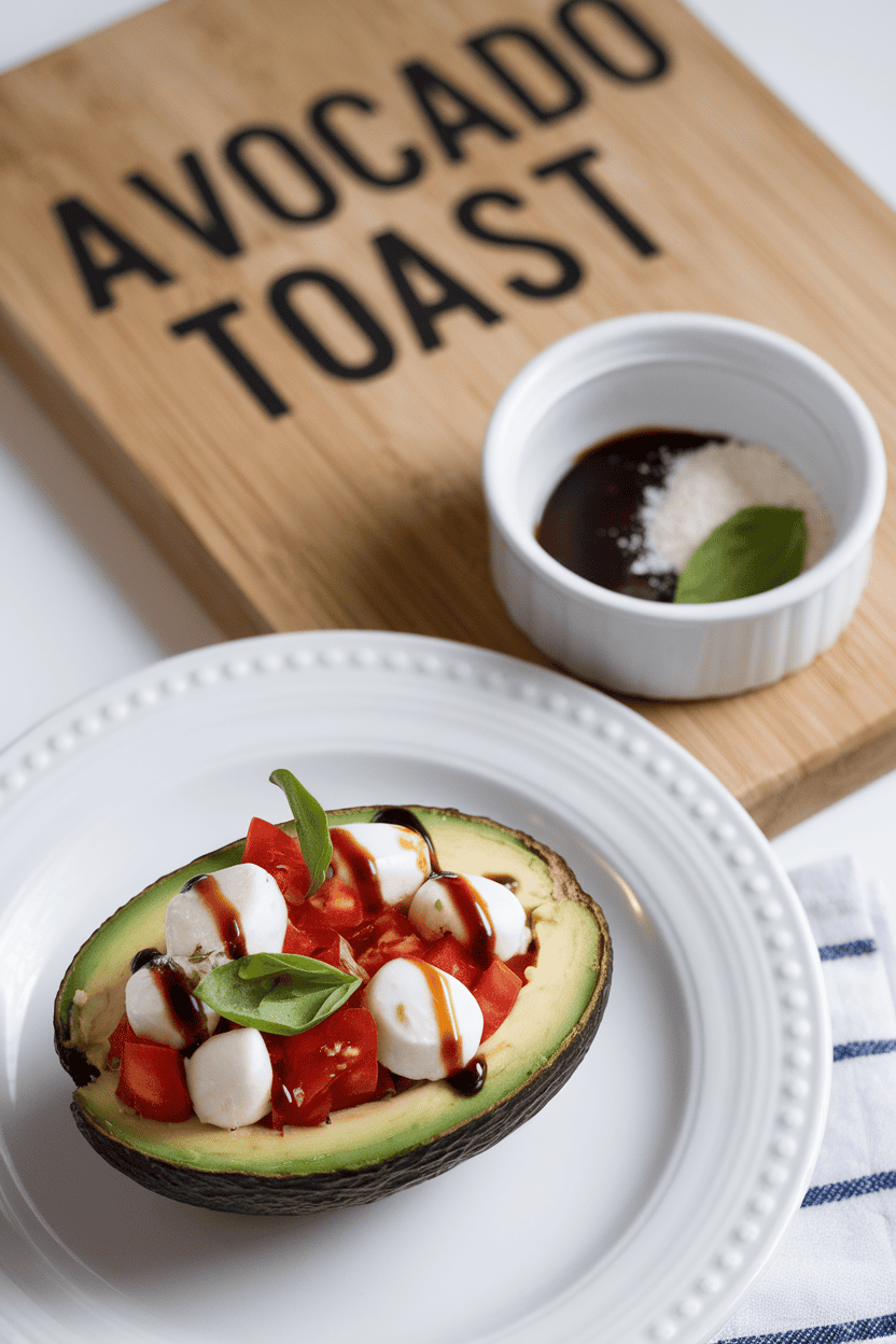 Indoor photo of a halved avocado filled with diced tomatoes, mozzarella pearls, basil ribbons, and balsamic drizzle. No text or logos present.