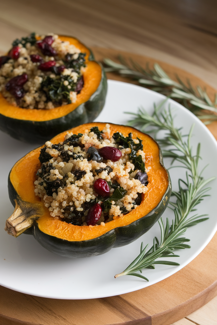 Photo of an indoor dinner plate featuring halved roasted acorn squash filled with colorful quinoa, cranberries, and kale; no text or logos