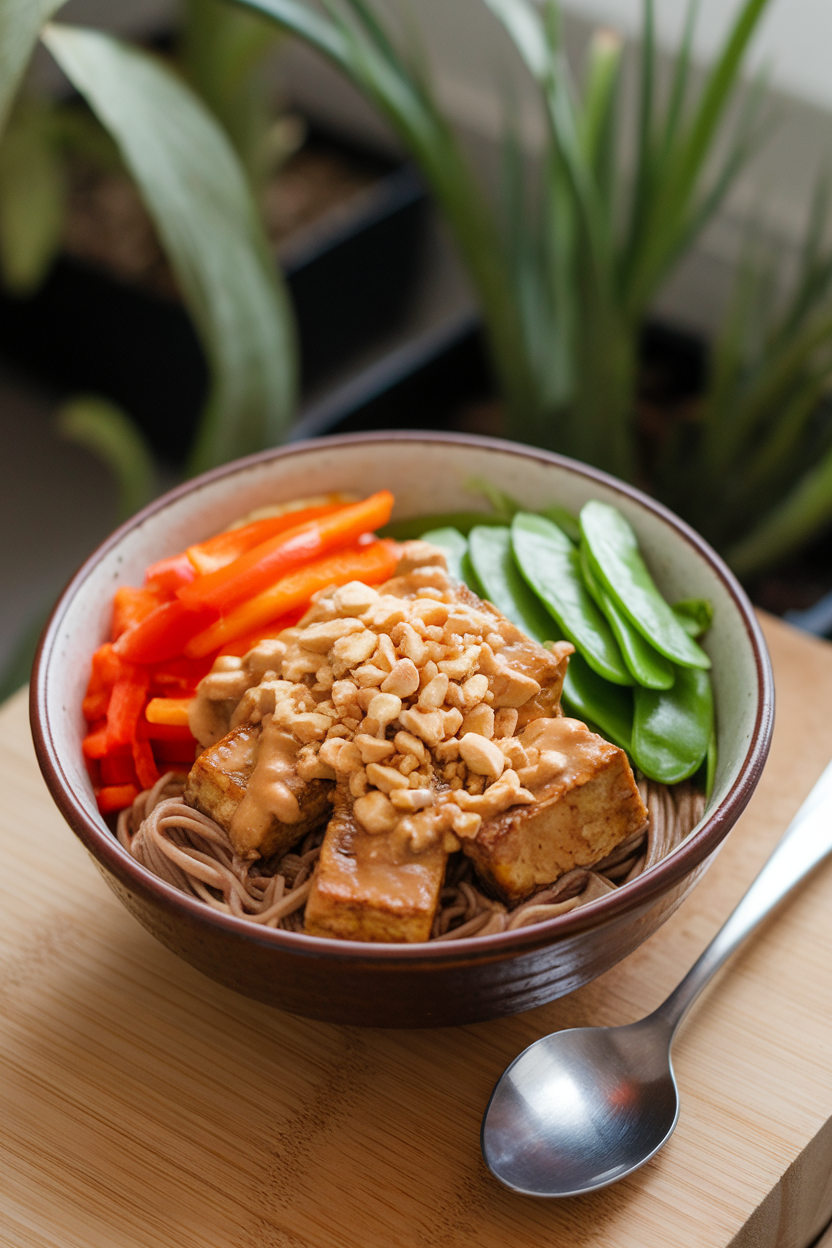 Indoor photo of a ceramic bowl with buckwheat soba noodles, seared tempeh coated in peanut sauce, julienned bell peppers, snow peas, and crushed peanuts on top. No text or logos anywhere.