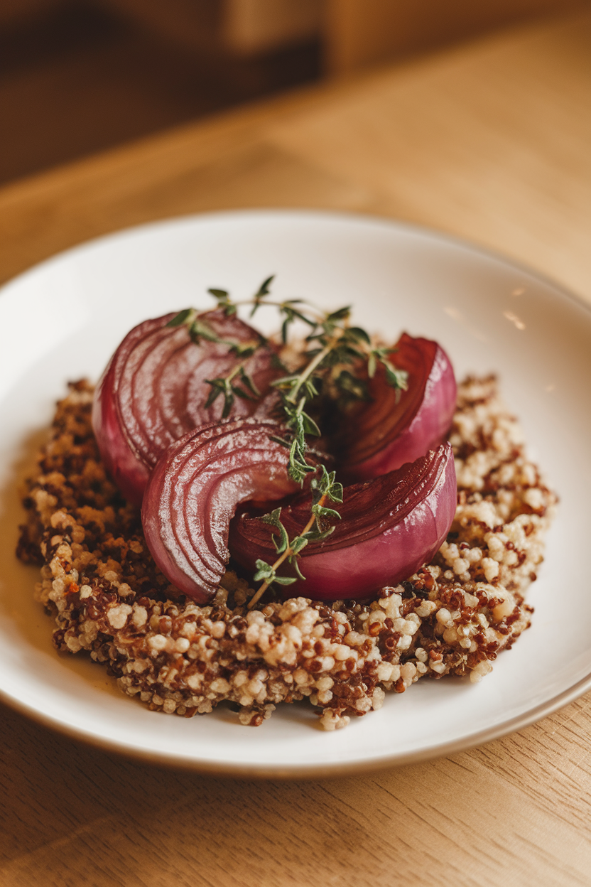 Warm indoor lighting on caramelized onion wedges atop quinoa, garnished with fresh thyme sprigs; no text or logos.