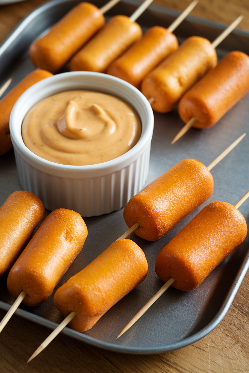 Indoor photo of mini corn dogs on skewers with a ramekin of maple mustard dip on a tray; no text or logos.