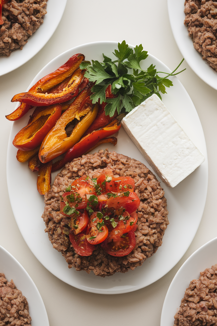 Overhead indoor photo of ground beef-rice mix with tomatoes and herbs, served next to roasted pepper strips and feta. No logos or text.
