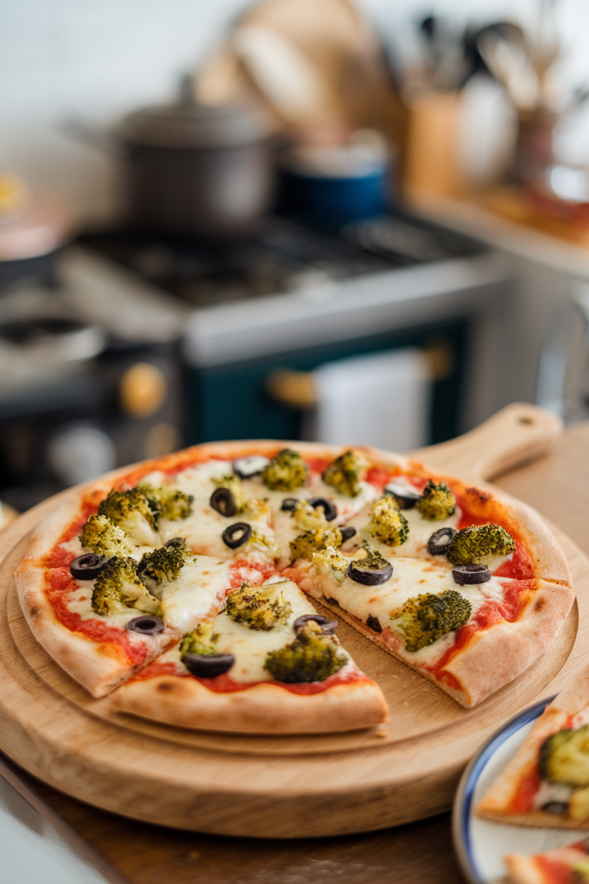 Photo of a personal pizza topped with chopped broccoli, black olives, and mozzarella, baked and sliced indoors. No text or logos visible.