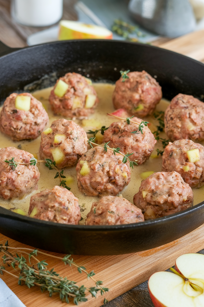 Photo of an indoor skillet with browned turkey meatballs dotted with apple bits and fresh thyme; no text or logos