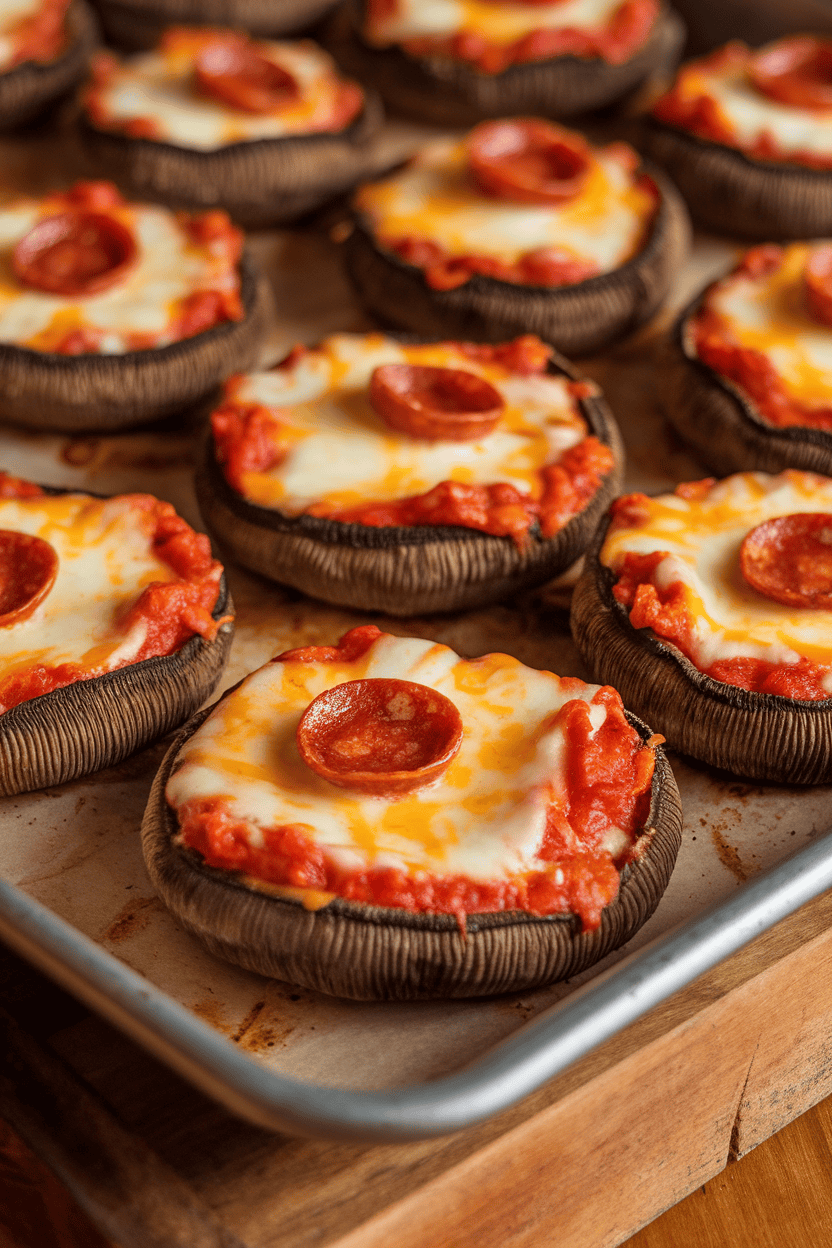 Indoor photo of portobello caps filled with melted cheese and mini pepperoni, bubbly on top, set on a baking tray. No text or logos.