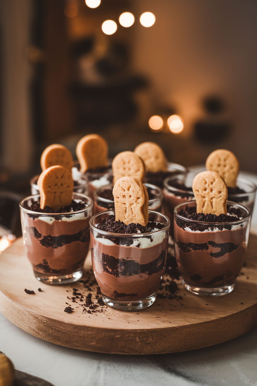 Photo of glass cups layered with chocolate pudding, crushed cookies on top, cookie tombstones sticking out, indoor lighting, no logos or text.
