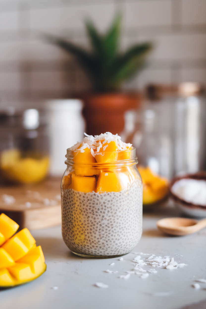 A glass jar on an indoor countertop, filled with vanilla chia pudding and topped with bright mango cubes and shredded coconut. No text or logos in frame.