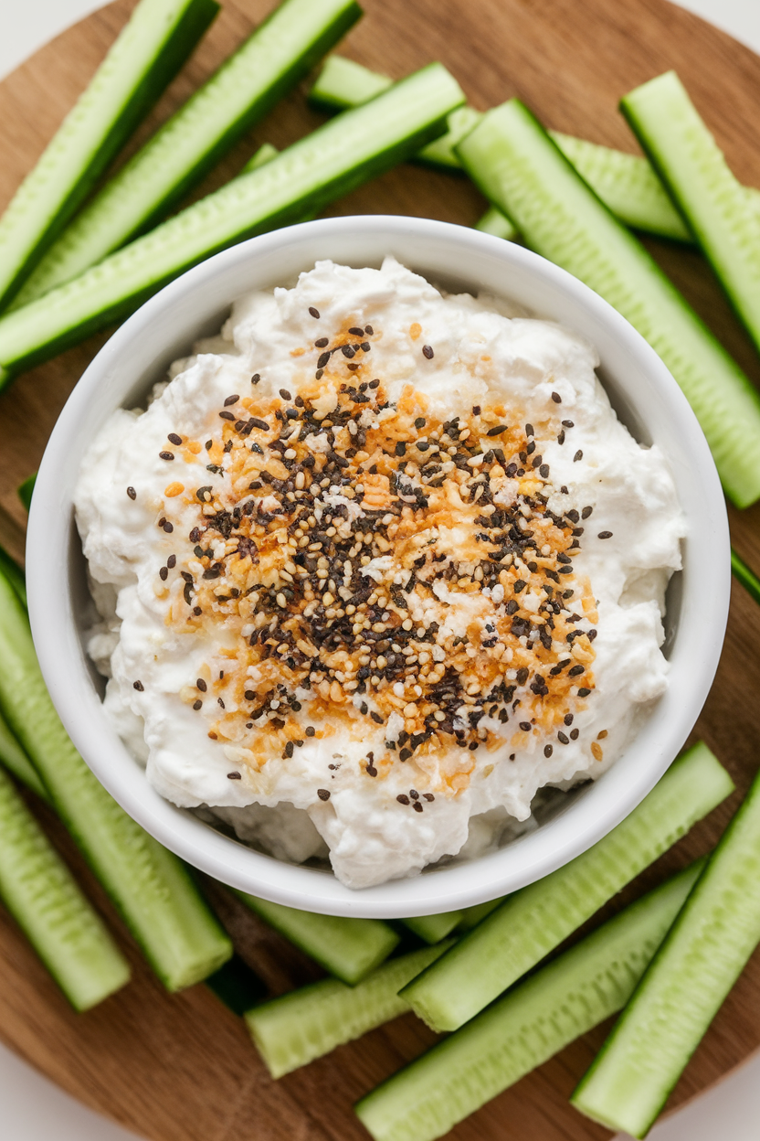 Indoor bowl of cottage cheese sprinkled generously with everything bagel seasoning, surrounded by cucumber sticks. No text or logos.