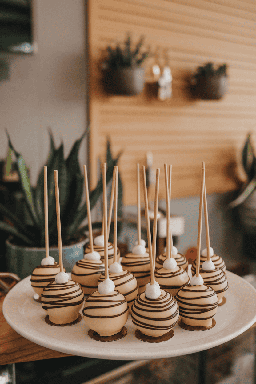 Creamy latte-colored cake pops drizzled with dark espresso stripes, topped with a tiny dollop of white candy “foam,” indoor coffee-shop vibe, no text or logos. Photo.