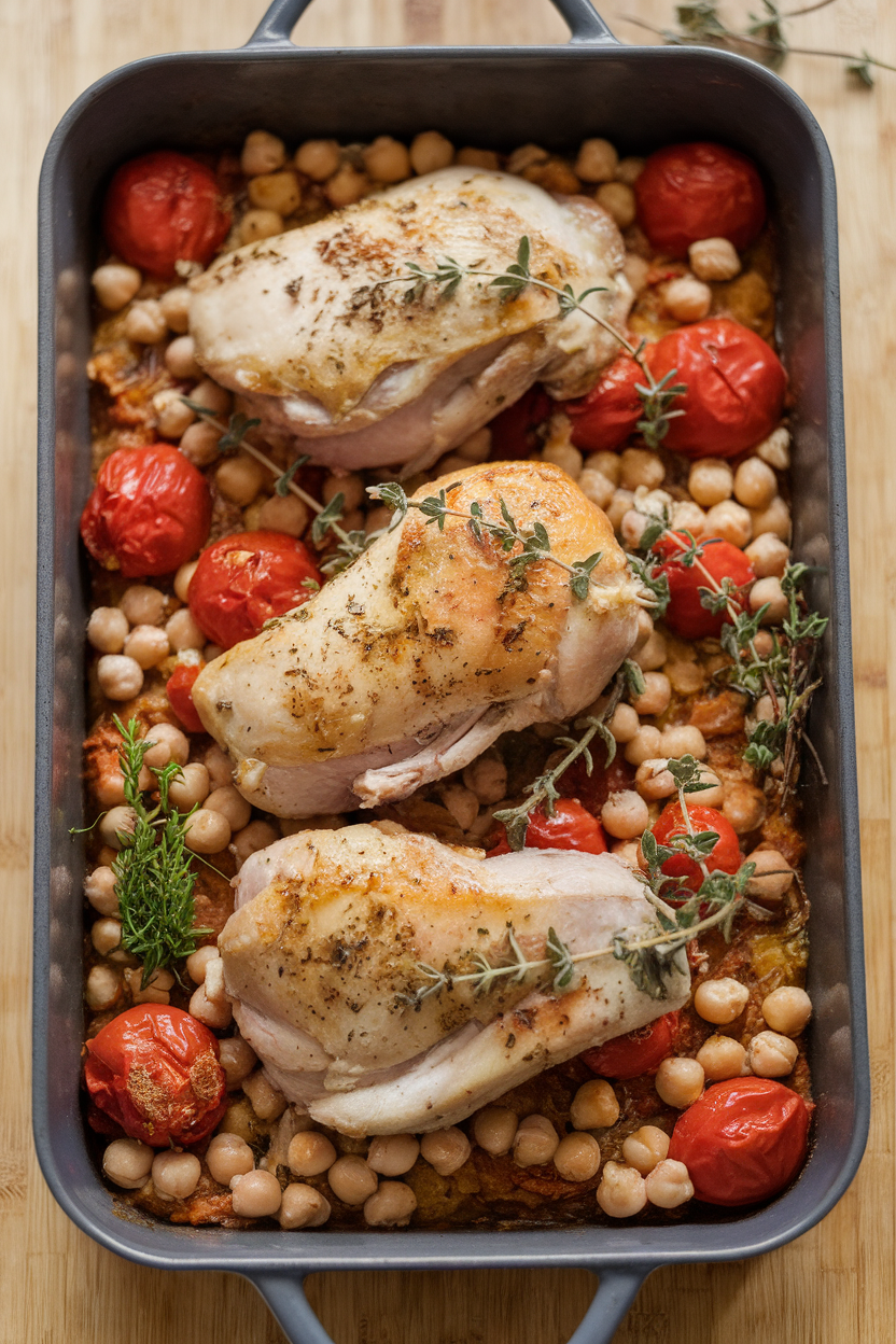 An indoor casserole dish featuring bone-in chicken pieces baked atop a bed of tomatoes and chickpeas, herbs sprinkled over. No text or logos; photography only.