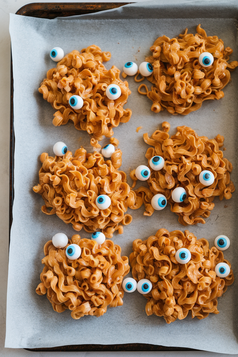 Indoor parchment-lined tray with clusters of chow-mein noodles coated in butterscotch, candy eyeballs sprinkled on top. No text or logos.