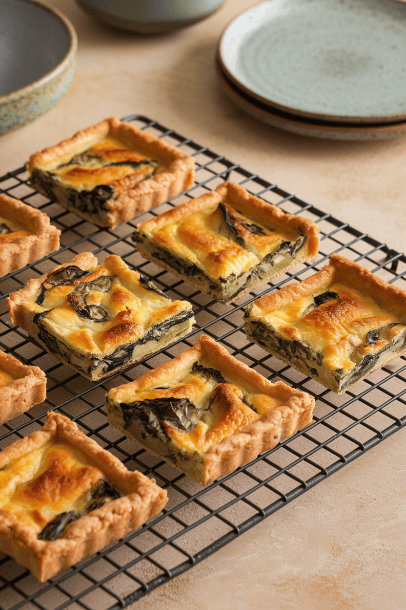 Indoor cooling rack holding square pieces of artichoke and spinach quiche with golden crust, no logos.