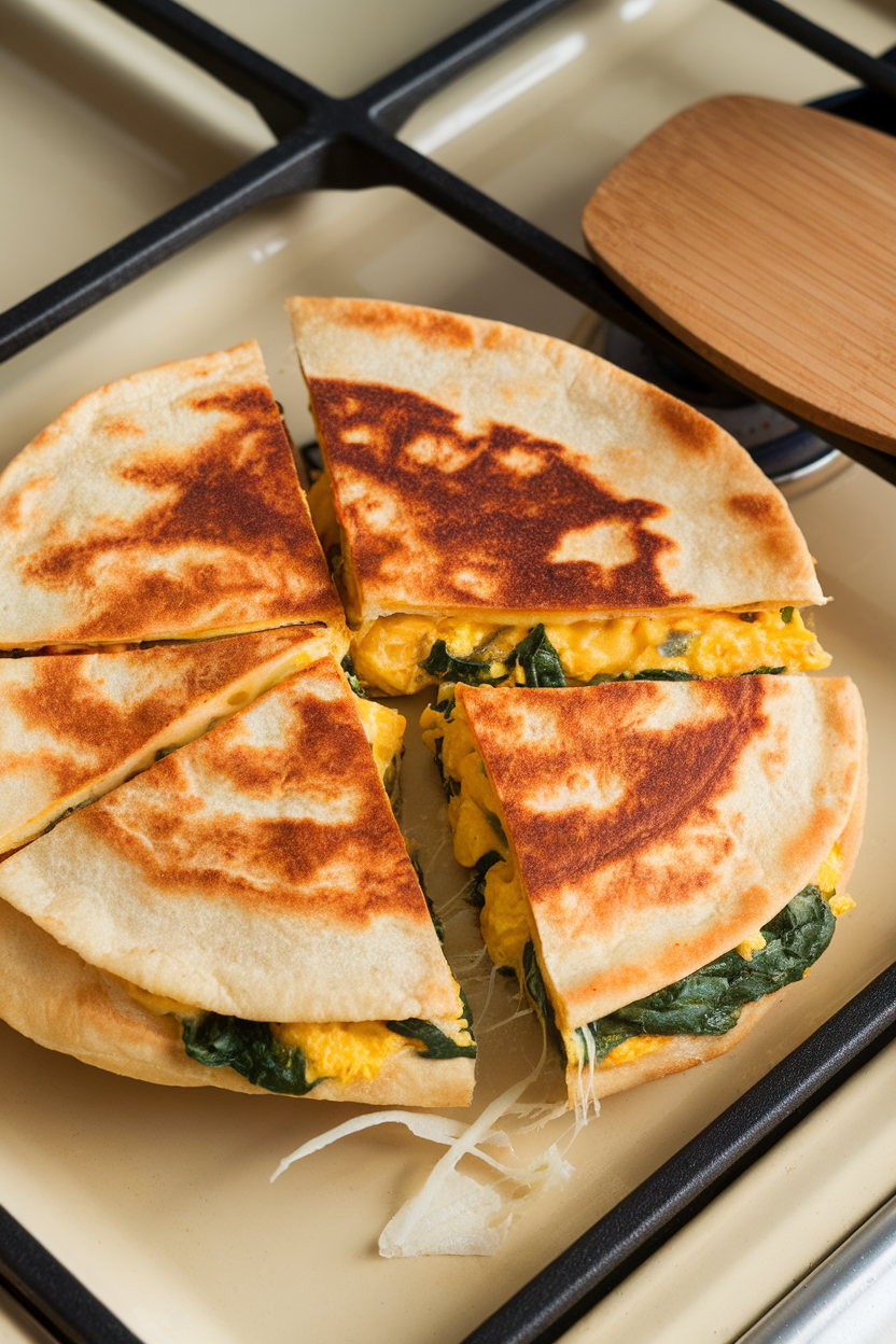 Indoor stovetop scene showing a golden-brown quesadilla cut into wedges, cheese pulling slightly, with scrambled eggs and spinach visible inside. No text or logos.