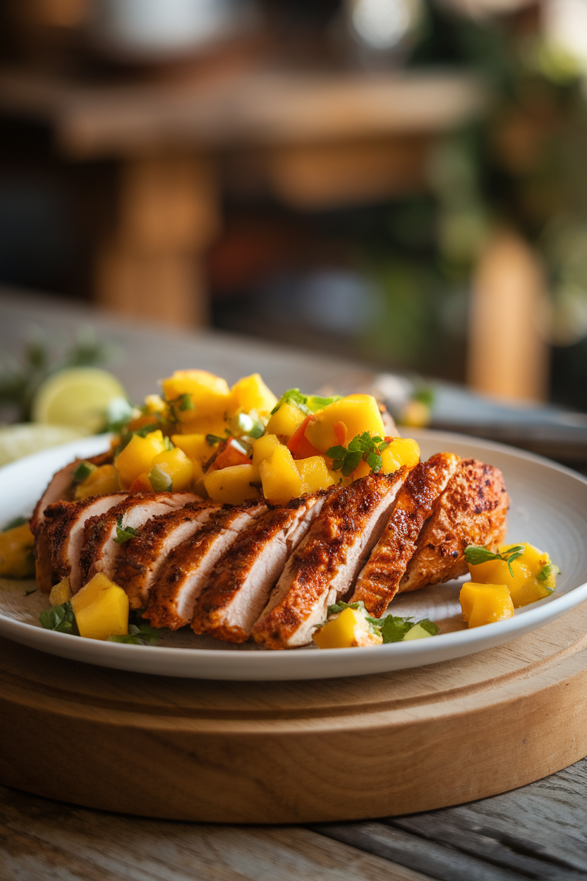 Indoor plate of jerk-spiced chicken breast slices topped with bright mango salsa, no text or logos, warm lighting. Photo.