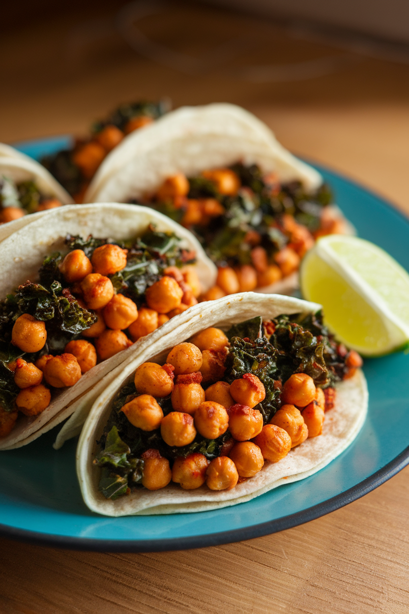 Indoor photo of soft corn tortillas filled with spicy roasted chickpeas and sautéed kale, lime wedge on the side; no text or logos anywhere.