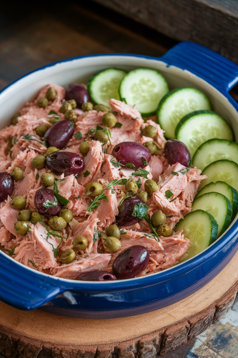 Photo of a ceramic dish indoors with cooked canned tuna mixed with olives, capers, and herbs, served alongside cucumber rounds. No text or logos.