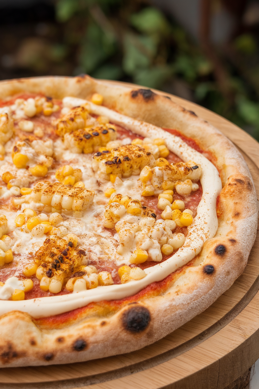 Indoor image of a pizza slathered in crema, cotija cheese, and grilled corn kernels dusted with chili powder. Photo only, no text or logos.