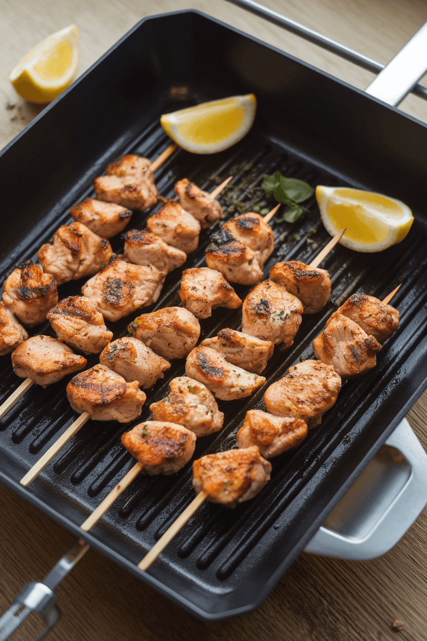 An indoor grill pan scene with wooden skewers of browned chicken pieces, lemon wedges on the side, and a sprinkle of oregano. No text or logos present. Photo, not illustration.