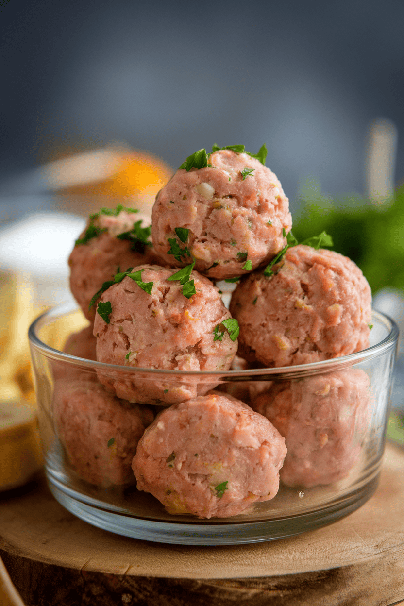 Indoor photo of bite-sized turkey meatballs stacked in a glass storage dish, sprinkled with chopped parsley. Side lighting, no logos or text.