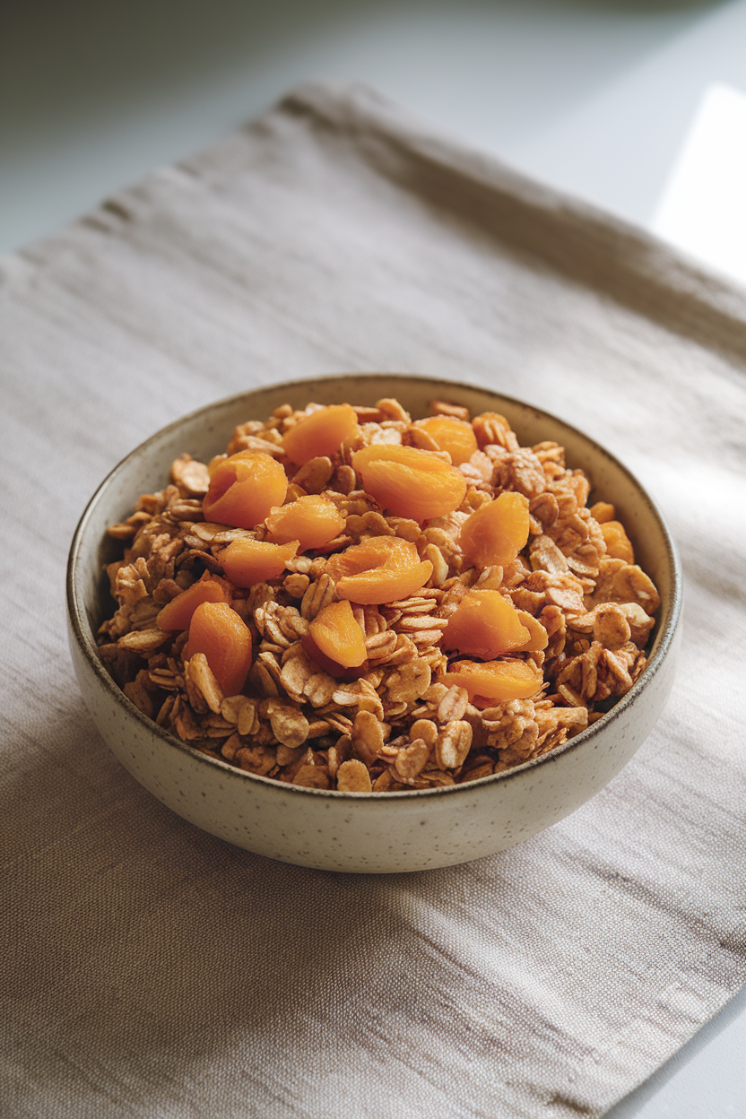 Photo of a shallow bowl filled with golden granola clusters dotted with chopped dried apricots, shot indoors on a linen placemat under soft window light. No text or logos visible.