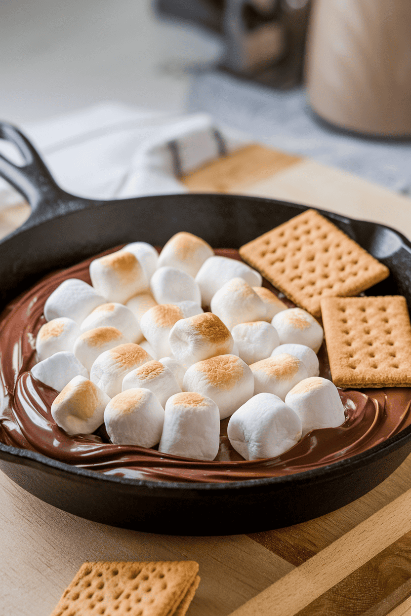An indoor oven-safe skillet filled with melted chocolate and toasted marshmallows served with graham cracker pieces on the side. No text or logos; photo only.