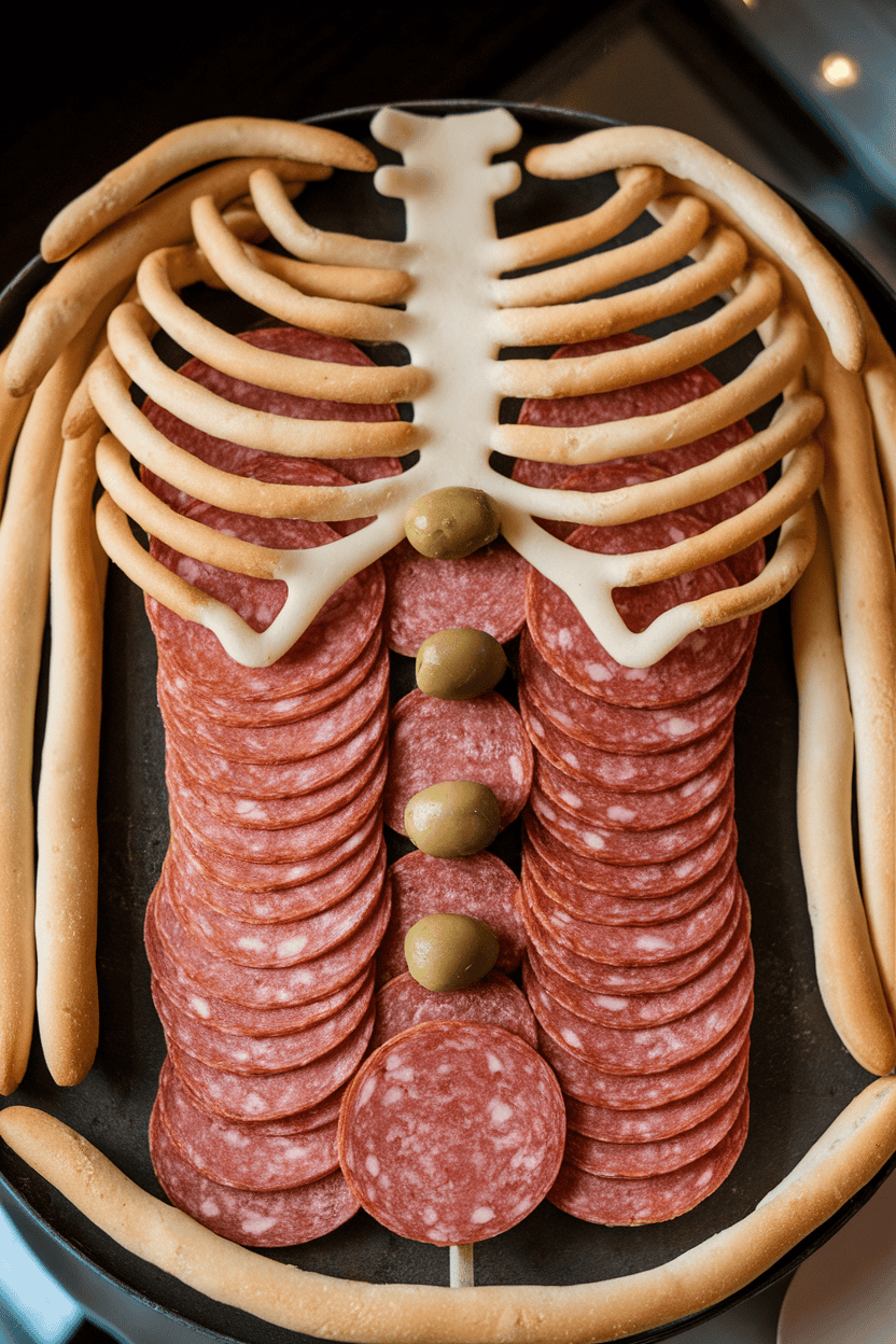 Indoor photo of thin breadsticks arranged like a ribcage over layered salami slices shaped into a torso, olives for joints, on a dark platter. No text or logos.