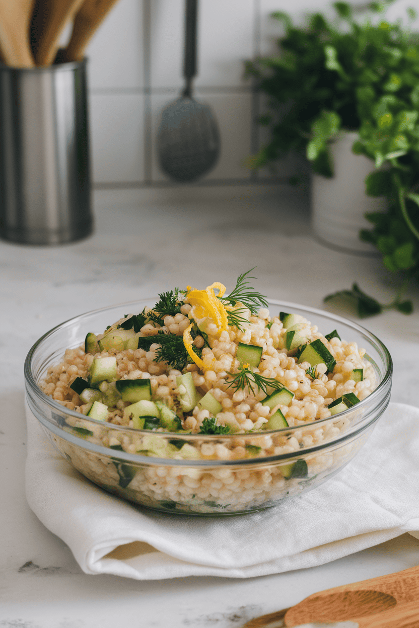 Indoor kitchen counter photo of pearl barley with diced cucumbers, parsley, dill, and lemon zest, olive oil sheen; no text or logos.