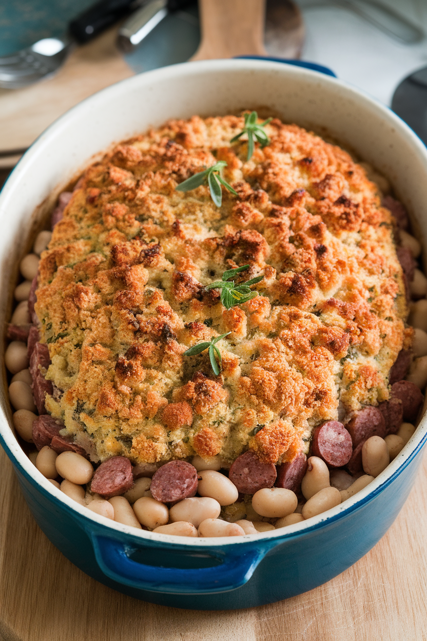 Indoor photo of an oval baking dish filled with sausage and white bean cassoulet, breadcrumb crust crackled and golden. No text or logos.