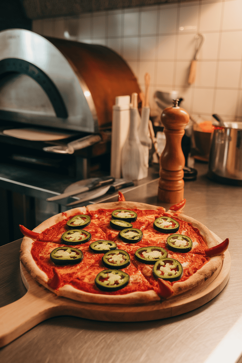 Indoor pizzeria counter with a spicy red pizza covered in sliced jalapeños shaped into devil horns and tails. No text or logos.