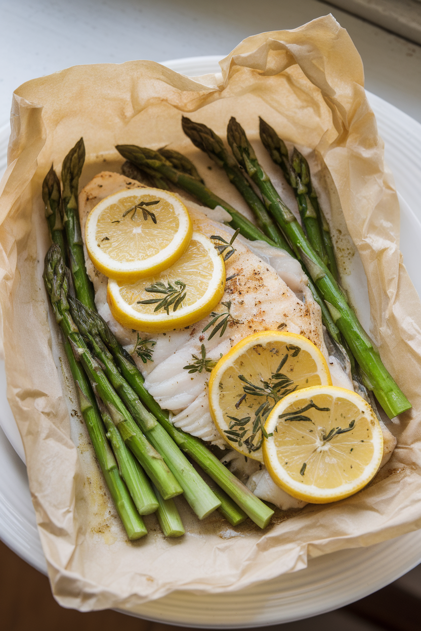 A parchment packet opened on an indoor plate revealing cooked tilapia with lemon slices, herbs, and asparagus spears. No text or logos, photo only.