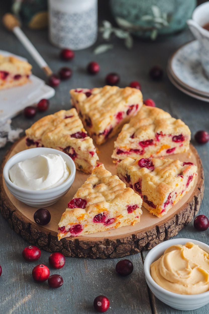 Indoor tea-time scene with a wooden board displaying triangular cranberry-orange scone pieces, small bowls of clotted cream and honey butter, plus a scattering of fresh cranberries. No text or logos. Photo only.