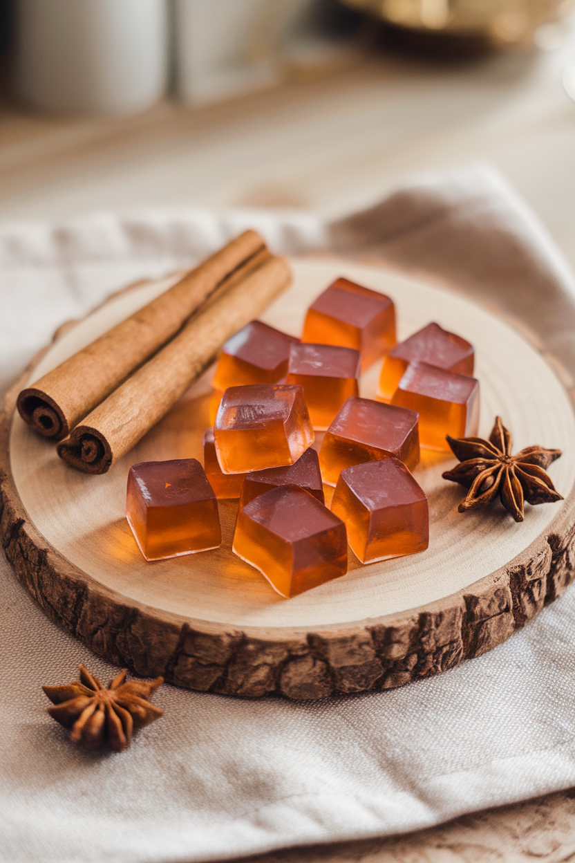 An indoor wooden board with small translucent amber gummies cut into squares, cinnamon sticks and star anise as props. No text or logos.