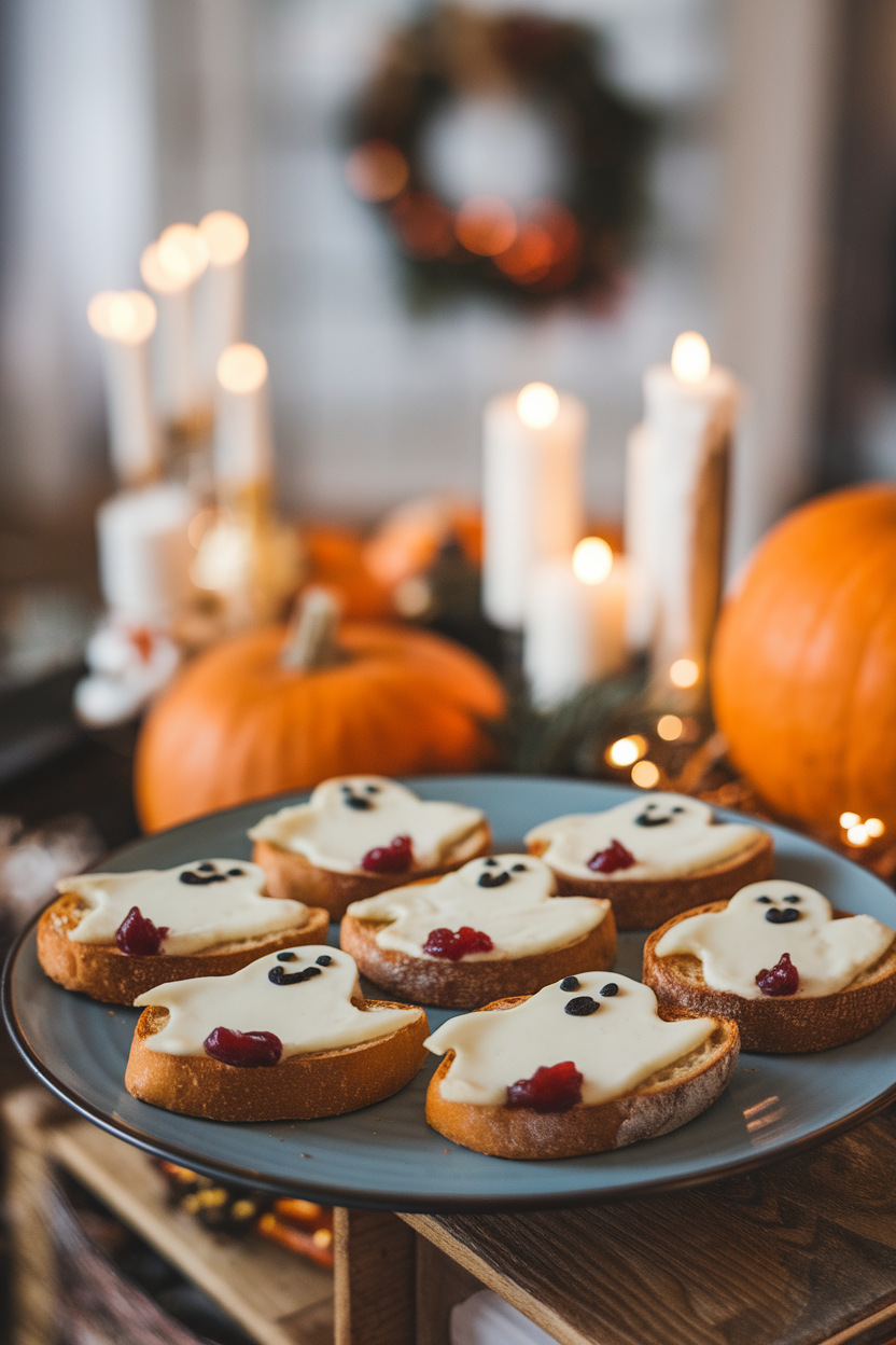 An indoor party plate of toasted baguette slices topped with melted brie cut into ghost shapes, a dab of cranberry sauce beneath each. No text or logos. Photo, not illustration.
