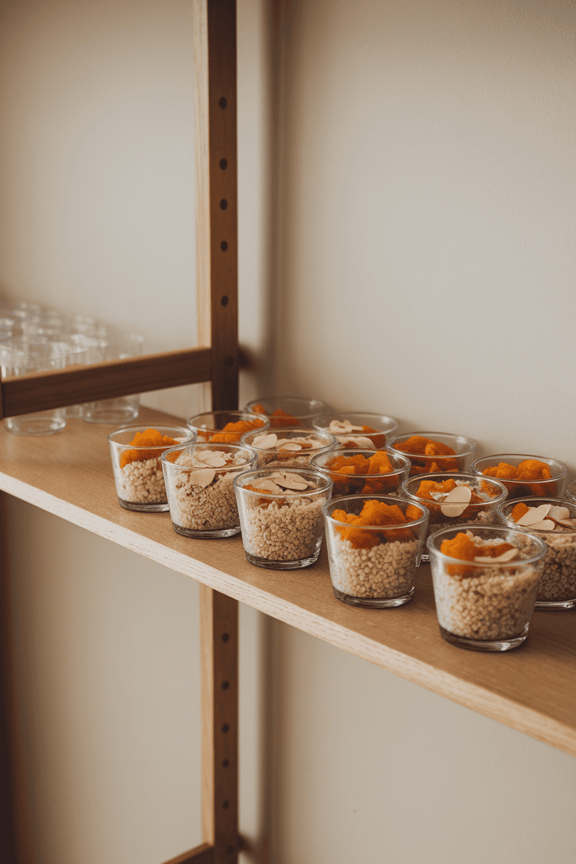 Indoor shelf with small glass cups of couscous mixed with dried apricots and sliced almonds, no text